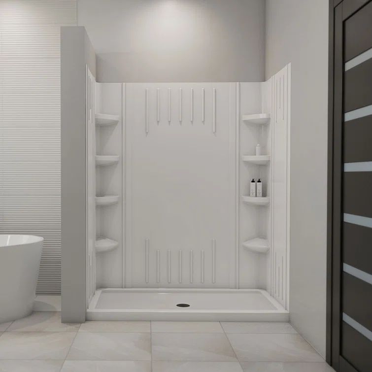White Acrylic 60" x 36" Alcove Shower Kit with Shelves