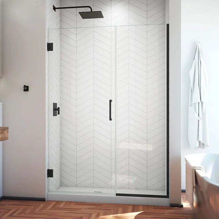 Matte Black Frameless Hinged Shower Door with Clear Glass