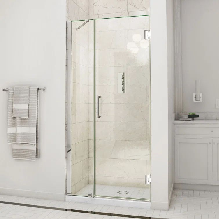 Unidoor 43" Frameless Clear Glass Hinged Shower Door with Black Hardware