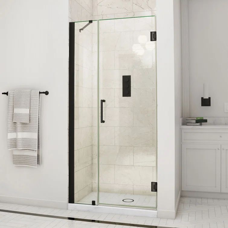Unidoor 39" Matte Black Frameless Hinged Shower Door with Clear Glass