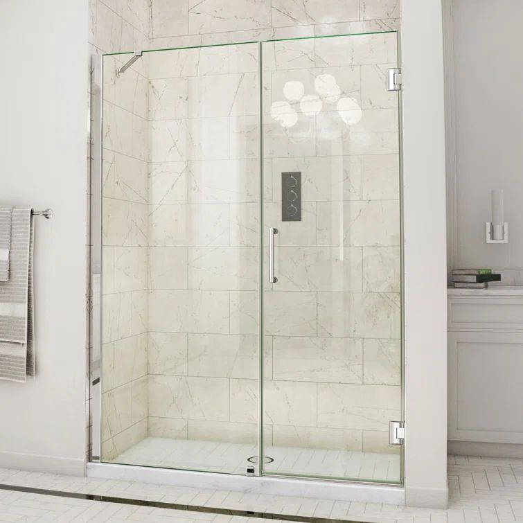 Unidoor 61" Black Frameless Hinged Shower Door with Clear Glass