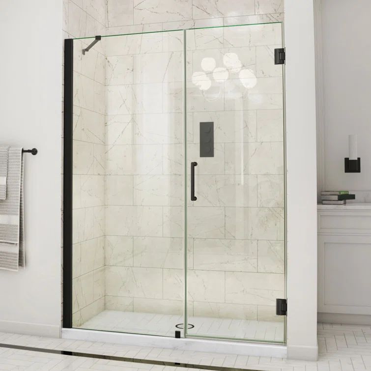 Matte Black Frameless Hinged Shower Door with Clear Glass