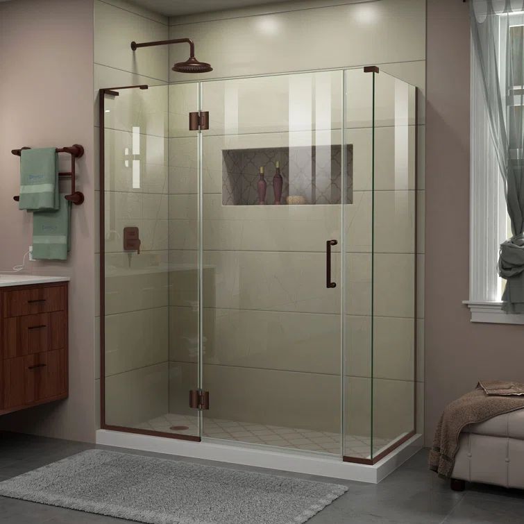 Frameless Clear Glass Hinged Shower Enclosure with Oil Rubbed Bronze Finish