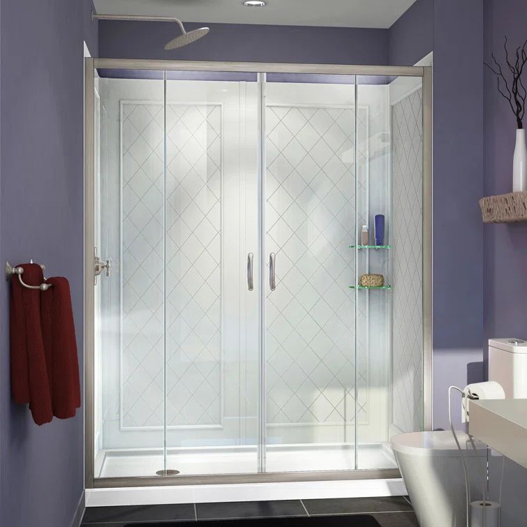 Brushed Nickel Frameless Sliding Shower Kit with Clear Glass Panels