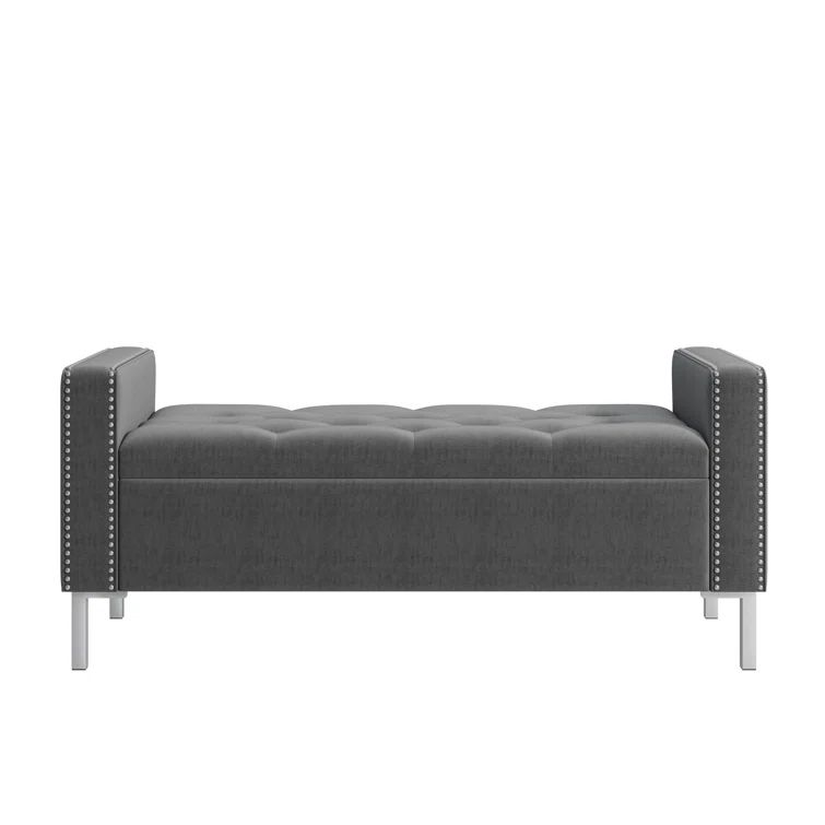 Charcoal Gray Velvet Tufted Storage Ottoman with Square Arms and Pewter Nailhead Trim