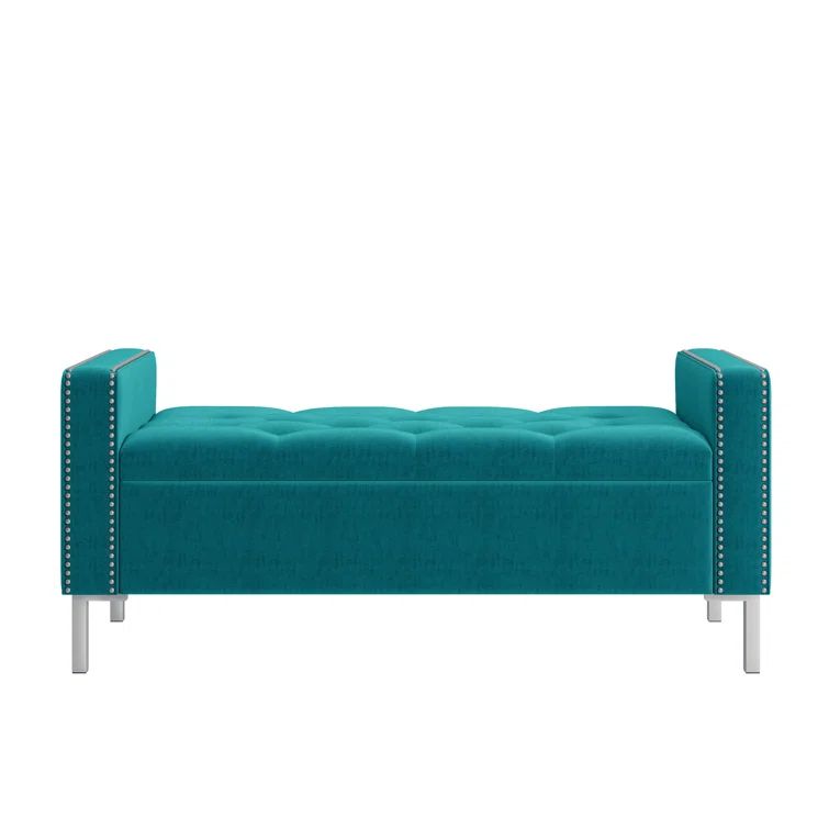Turquoise Blue Velvet Tufted Storage Bench Ottoman with Square Arms