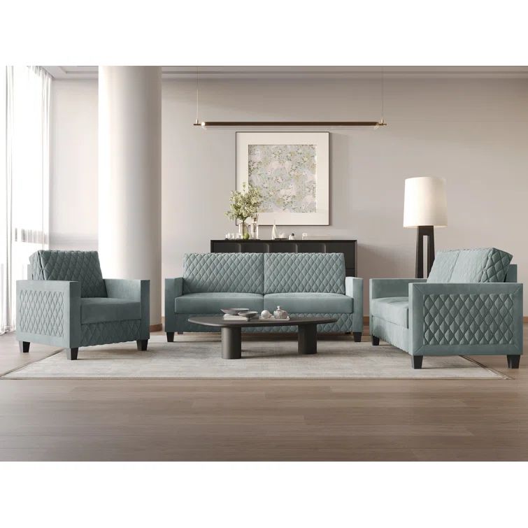 Light Blue Diamond-Patterned 3-Piece Velvet Living Room Set
