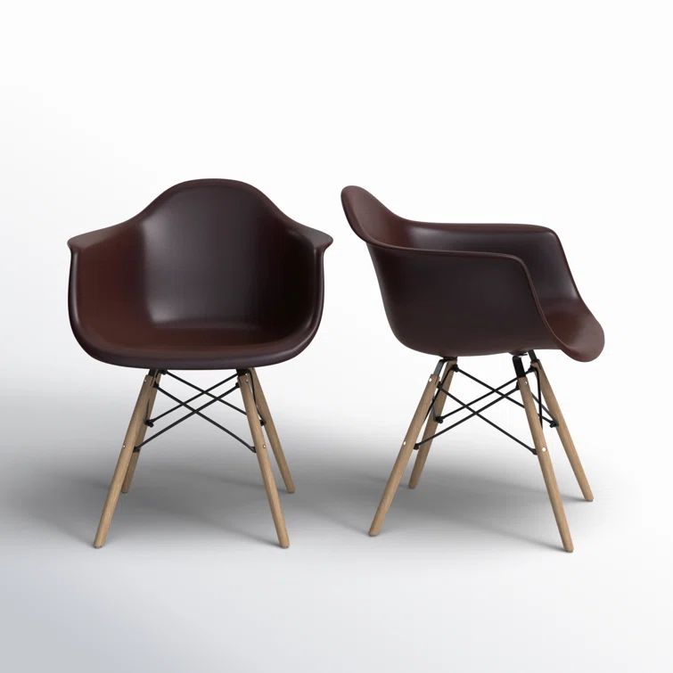 Brown and Natural Plastic Arm Chairs with Wood Legs, Set of 2