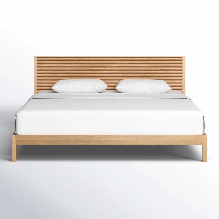 King Size Natural Oak Wood Frame Bed with Slatted Headboard