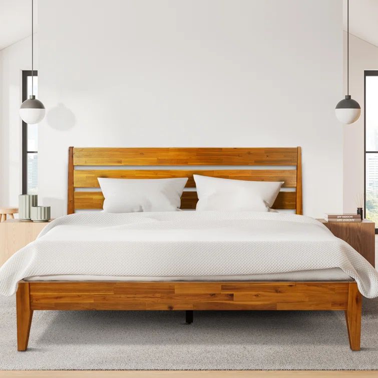 Caramel Acacia Wood Queen Platform Bed Frame with Headboard
