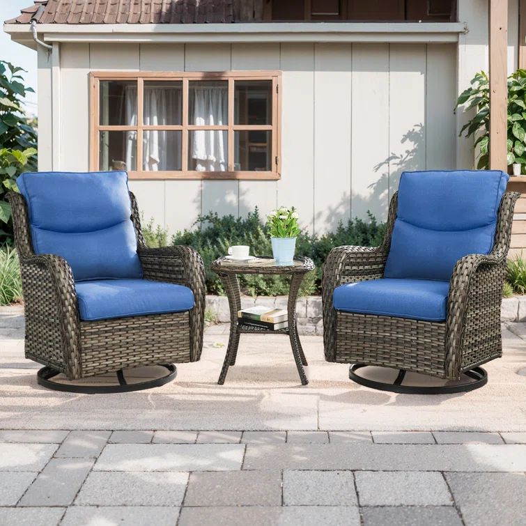 Gray Wicker Swivel Glider Chair with Blue Cushions