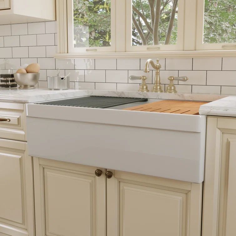 33" White Fireclay Double Bowl Farmhouse Kitchen Sink with Accessories