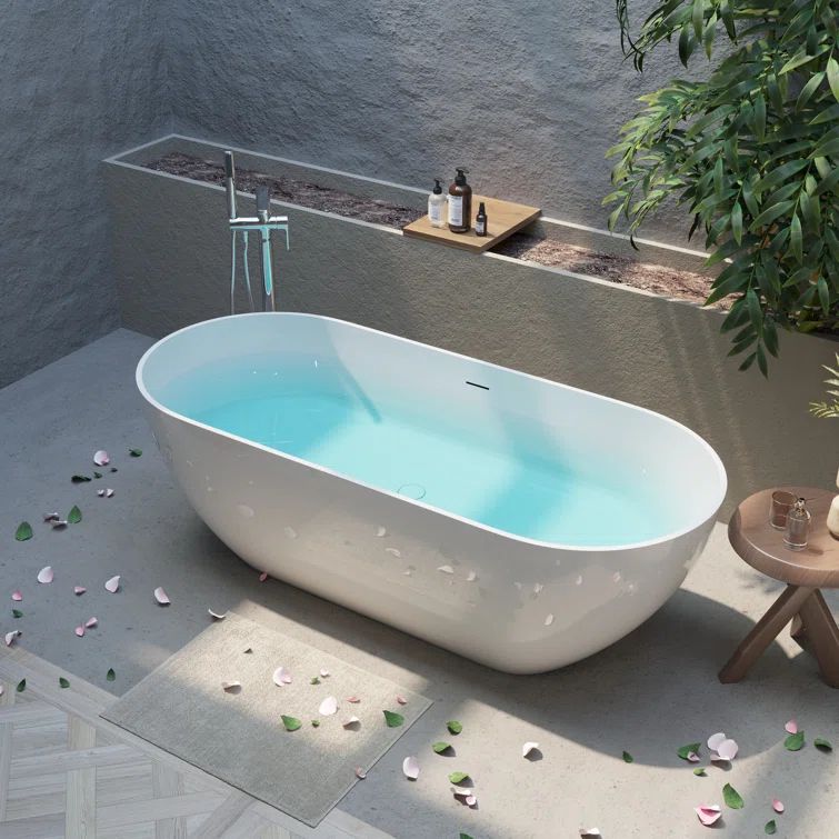 Glossy White 59" Freestanding Solid Surface Soaking Bathtub