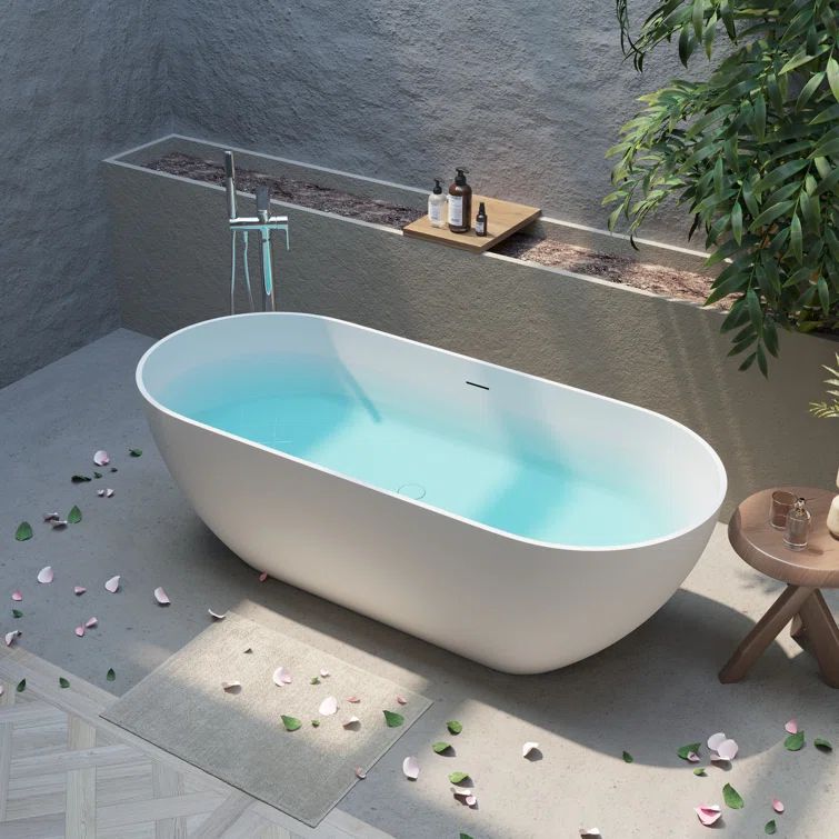 59" White Acrylic Freestanding Soaking Bathtub with Drain