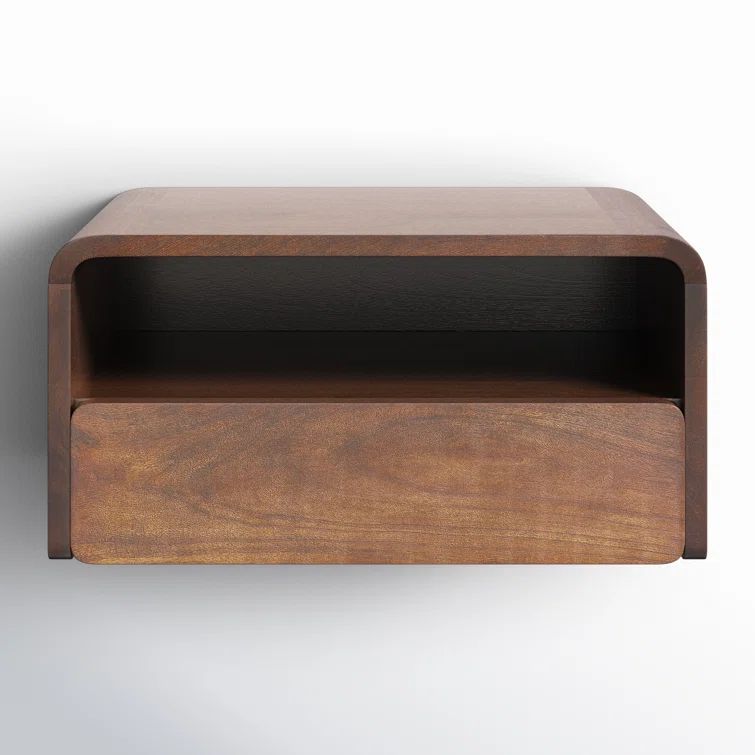Walnut Mango Wood Floating Shelf with Drawer