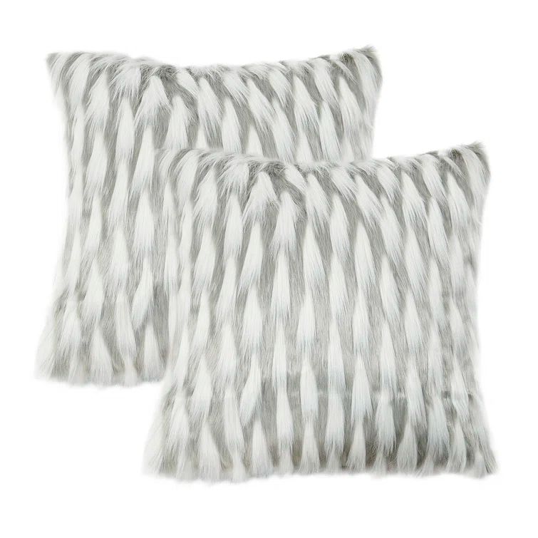 Gray and White Faux Fur Embroidered 20" Pillow Covers