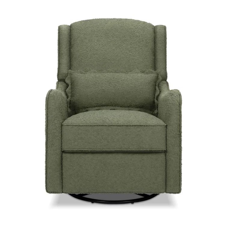 Olive Boucle Swivel Recliner with Wood Base