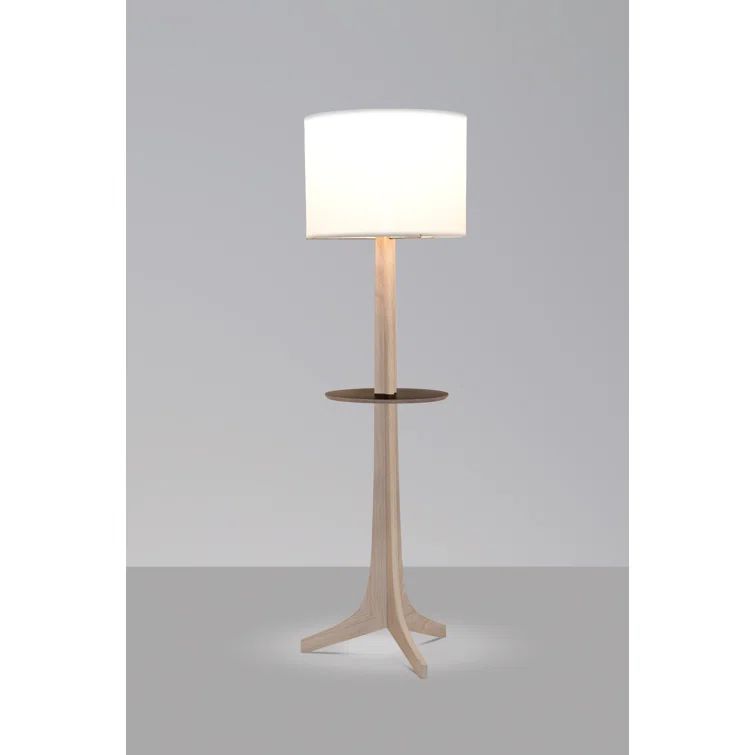 White Linen Tripod Floor Lamp with Oak Shelf
