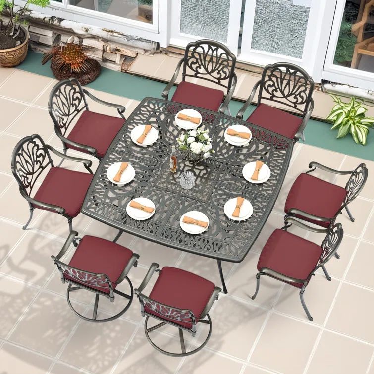 Large Antique Bronze Cast Aluminum Outdoor Dining Set with Red Cushions