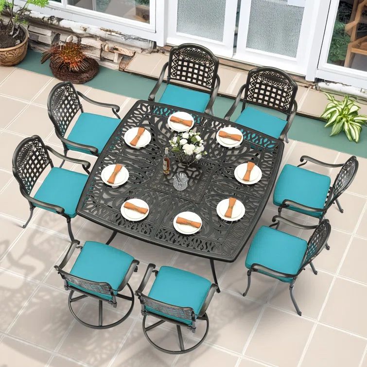Ocean Blue and Antique Bronze 9-Piece Cast Aluminum Outdoor Dining Set