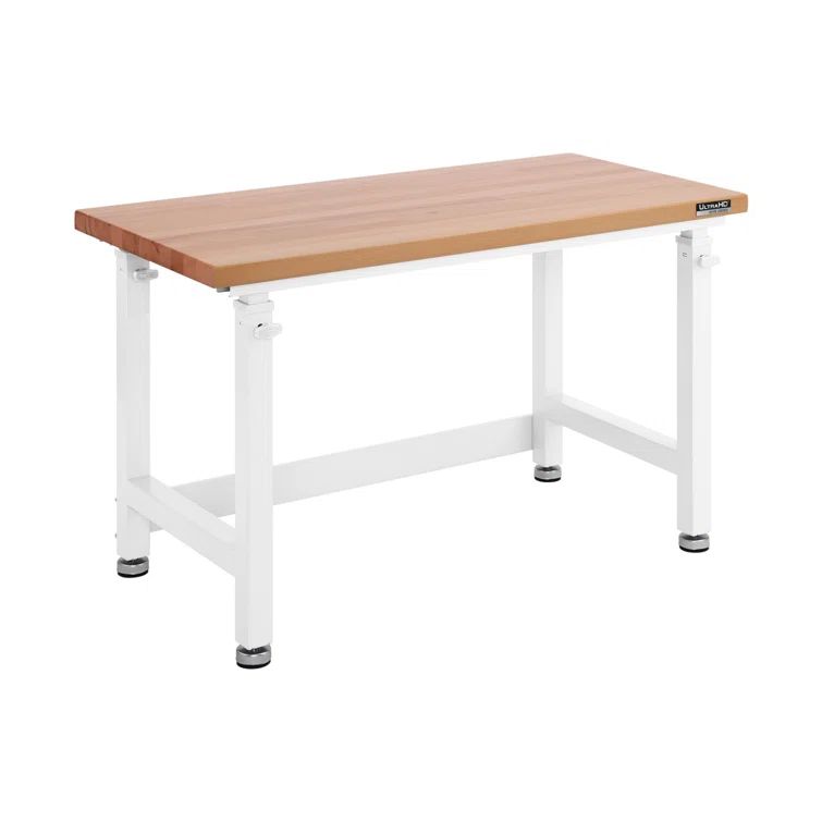 White Adjustable Height Heavy-Duty Wood Top Workbench