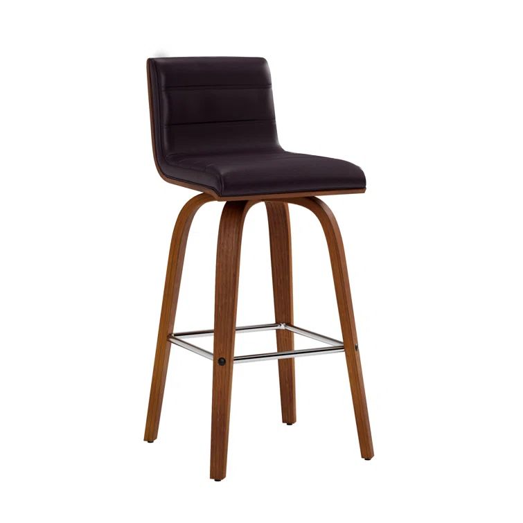 Walnut and Brown Mid-Century Modern Swivel Bar Stool