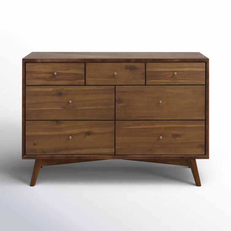 Natural Walnut Mid-Century 7-Drawer Double Dresser
