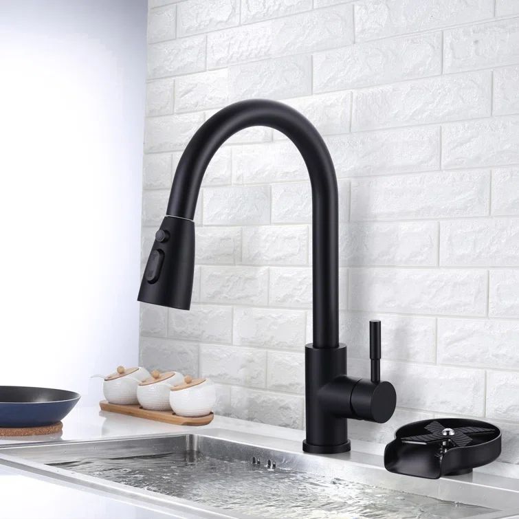 Matte Black Single Handle Pull-Down Kitchen Faucet with Deckplate