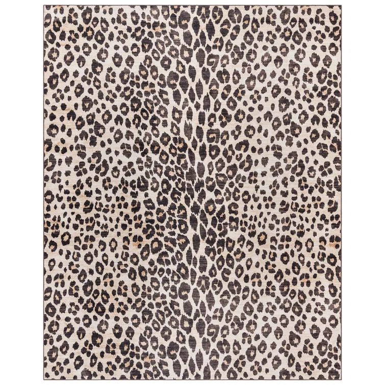 Leopard Print Black and Beige Synthetic Rectangular Rug