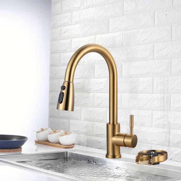Brushed Gold Stainless Steel Pull-Down Kitchen Faucet with Deckplate
