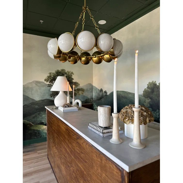 Vintage Brass and Cloud Glass 12-Light Drum Chandelier