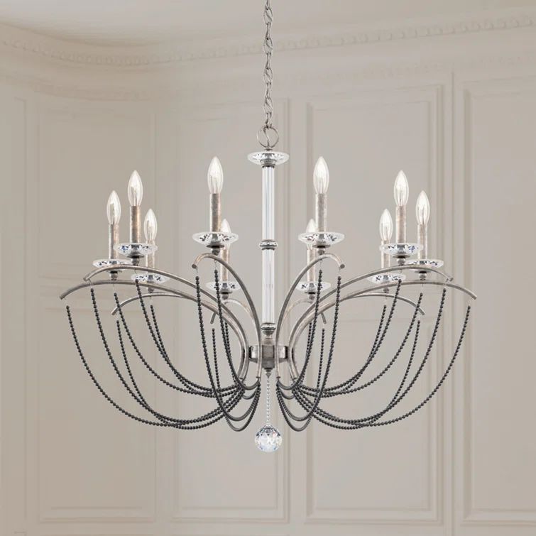 Priscilla Antique Silver 10-Light Crystal Chandelier with Dark Gray Pearl Accents