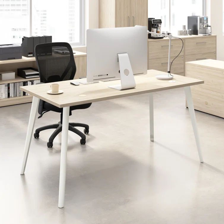 Natural Elm and White Wood Computer Desk with Splayed Metal Legs