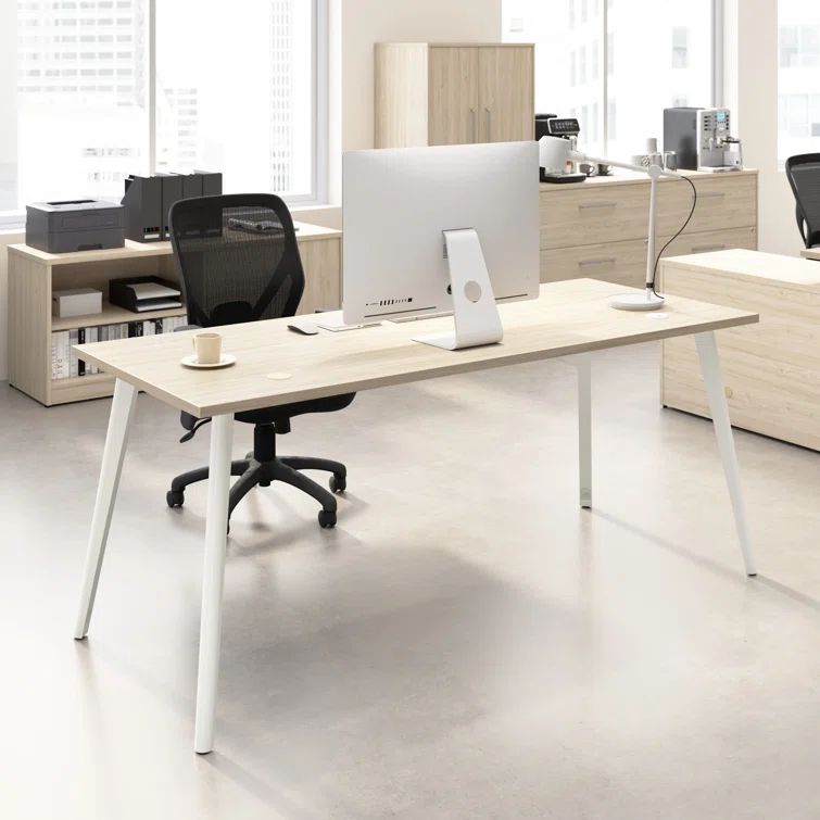 Natural Elm Adjustable Height Computer Desk with White Metal Legs