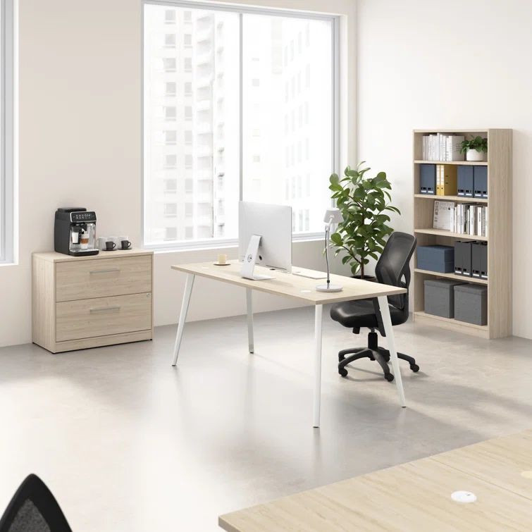 Natural Elm 71" Desk with Splayed Metal Legs and Storage