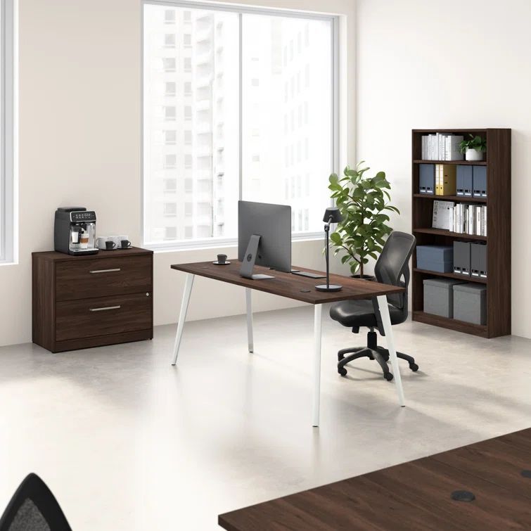 Walnut 71" Desk with Splayed Metal Legs and Storage