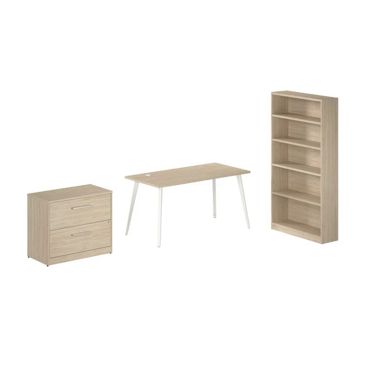 Natural Elm Office Desk Set with Splayed Metal Legs and Storage