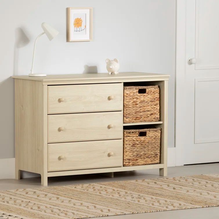 Bleached Oak 3-Drawer Dresser with Woven Storage Baskets