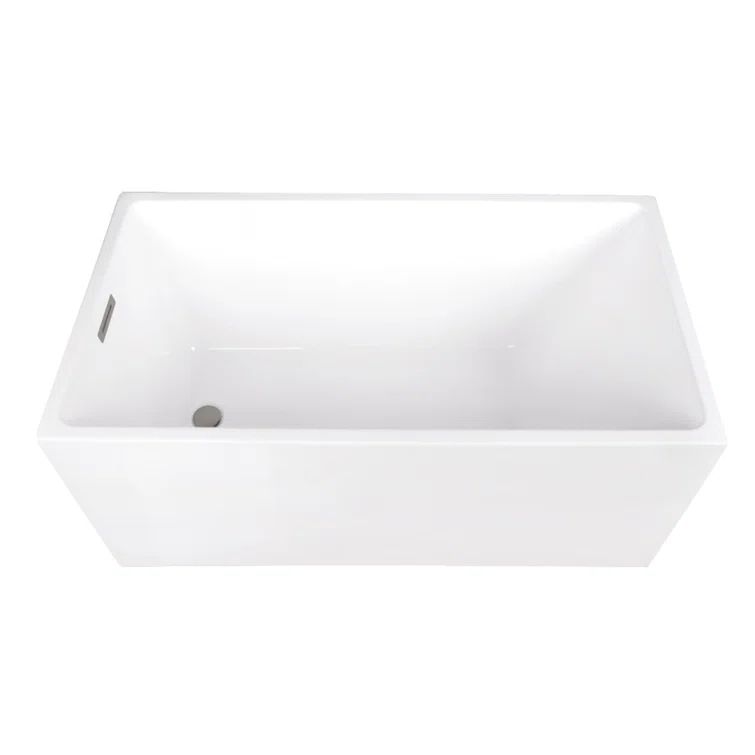 Glossy White Rectangular Acrylic Freestanding Bathtub with Brushed Nickel Drain