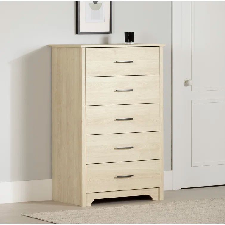 Bleached Oak Tall 5-Drawer Dresser with Metal Handles
