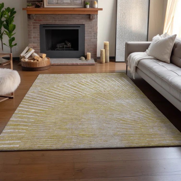 Wheat Rectangular Washable Synthetic 5' x 7' Rug with Fan Design