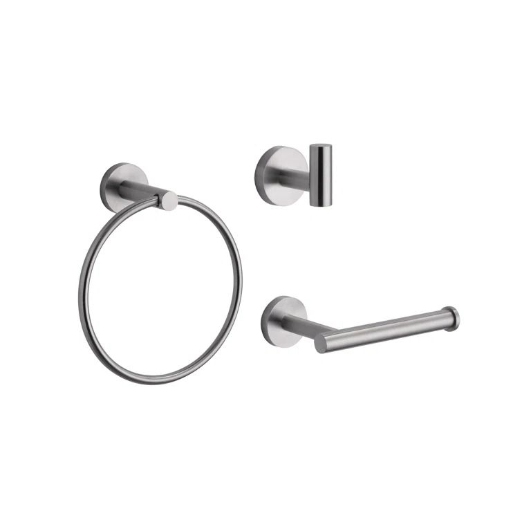 Brushed Nickel 3-Piece Bathroom Hardware Set with Towel Ring, Hook, and Holder