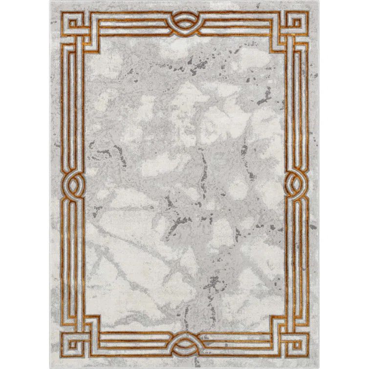 Ivory and Gold Abstract Geometric Border Area Rug