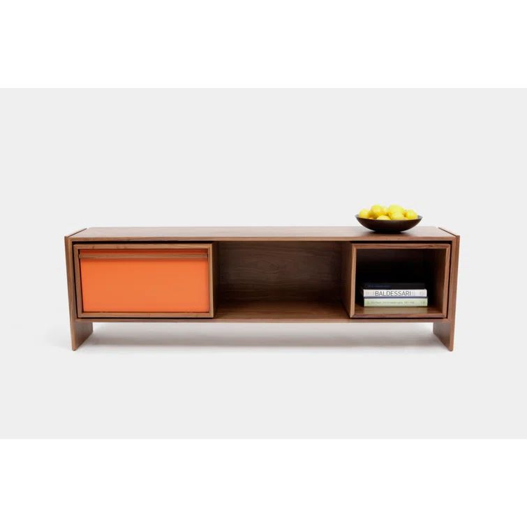 Medium Walnut TV Stand with Orange Door and Cabinet
