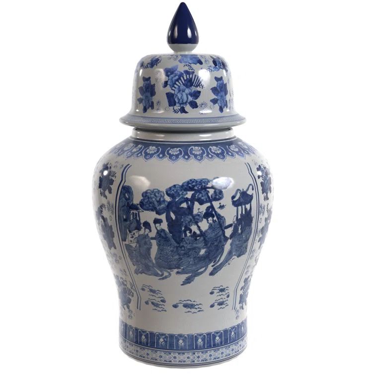 24" Blue and White Porcelain Temple Jar with Lid