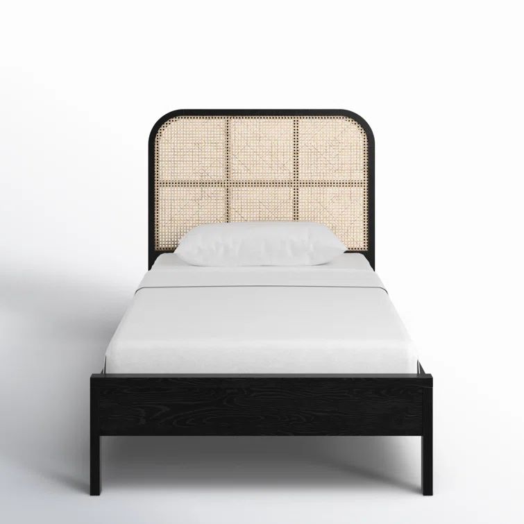 Black Ash Wood Twin Bed with Cane Headboard