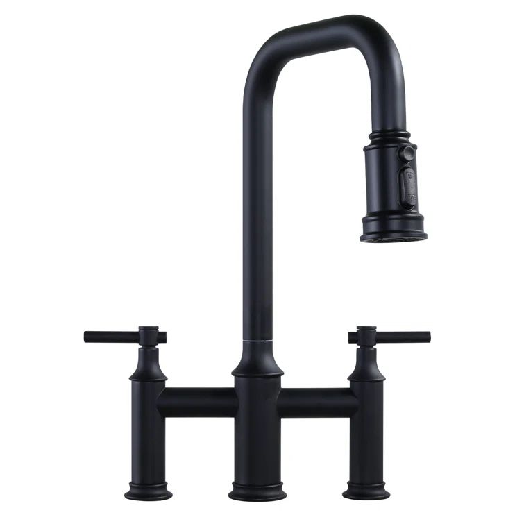 Matte Black Dual Handle Bridge Kitchen Faucet with Pull-Down Spray