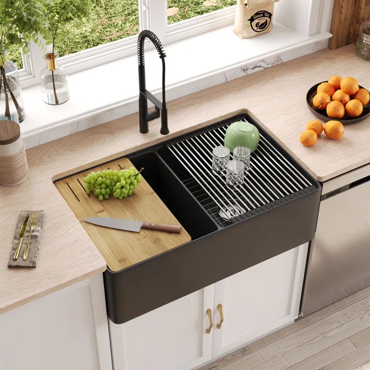 33" Black Fireclay Double Bowl Farmhouse Kitchen Sink with Accessories