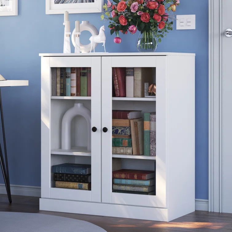 White Solid Pine Wood 3-Shelf Bookcase with Glass Doors