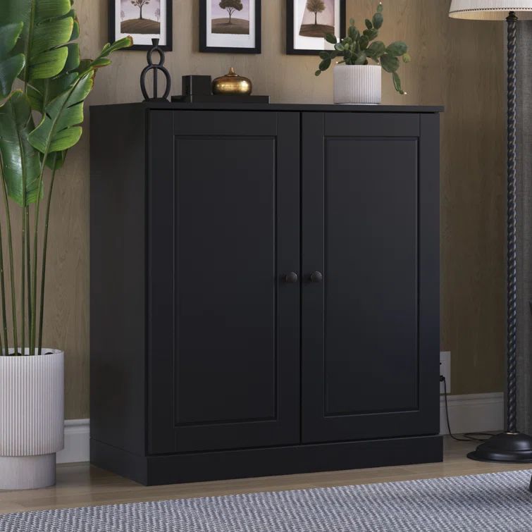 Black Solid Pine Wood Adjustable Stackable Bookcase with Doors